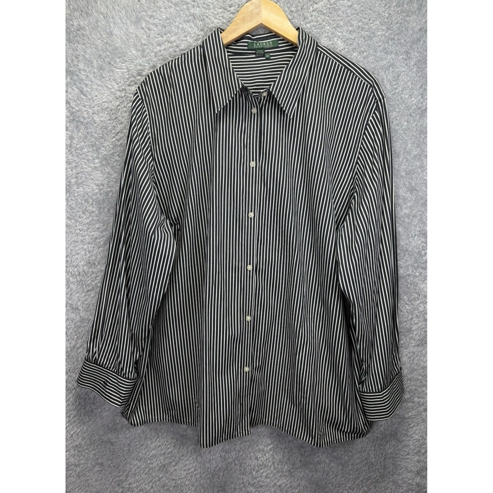 Lauren Ralph Lauren Womens 3X Black White Stripe Button Up Shirt Cotton Plus
